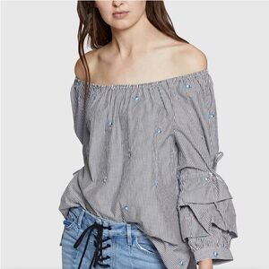 Sanctuary Saffron Cotton Striped Top Sz Large Off-Shoulder Cottagecore Peasant